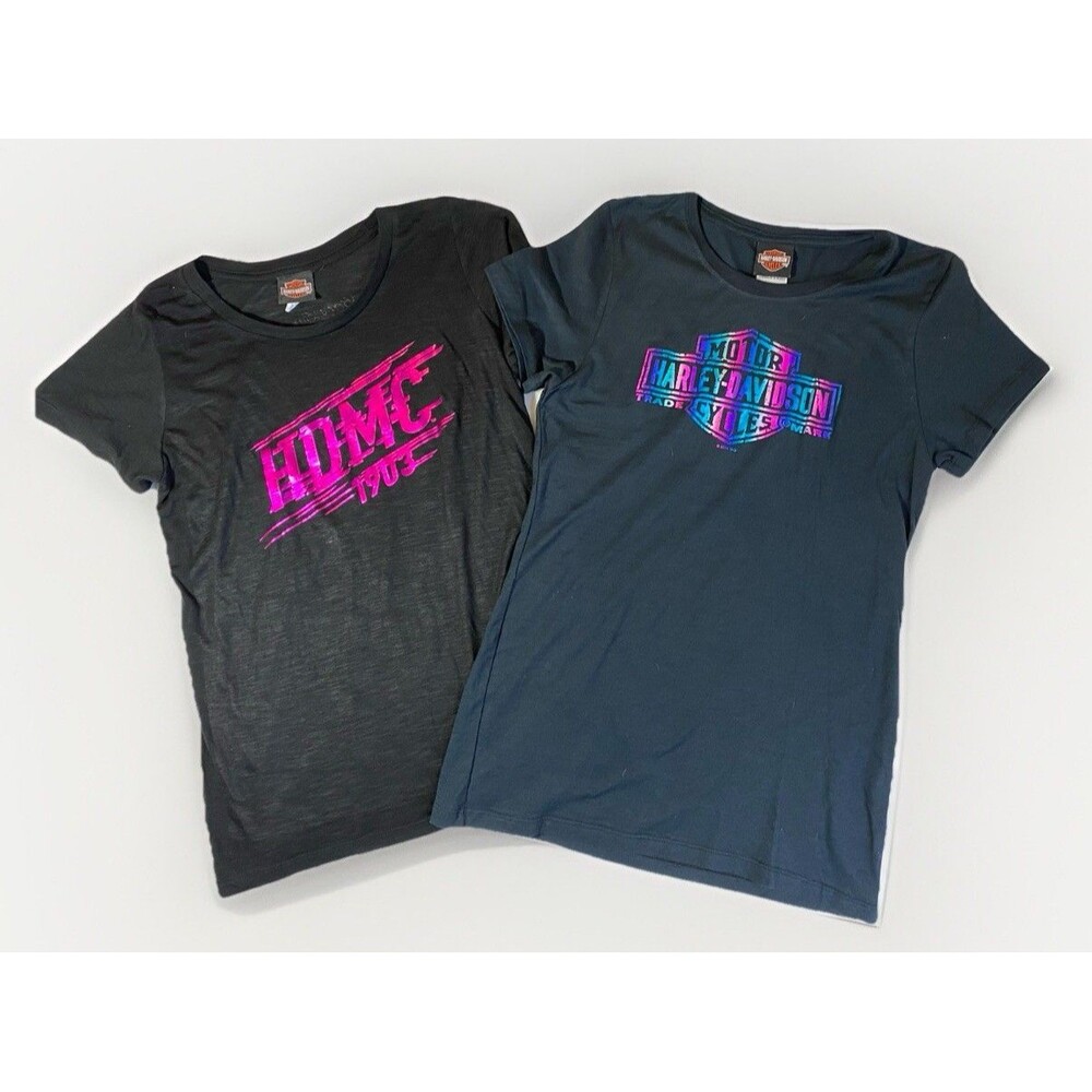 Two Women’s Medium Harley Davidson Black T Shirts Neon Logo